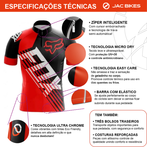 Camisa Ciclismo Infantil Fox Vermelha Manga Curta Dryfit - Imagem 5