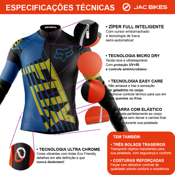 Camisa Ciclismo Fox Azul Manga Longa Zíper Full Fitness Proteção UV - Imagem 3