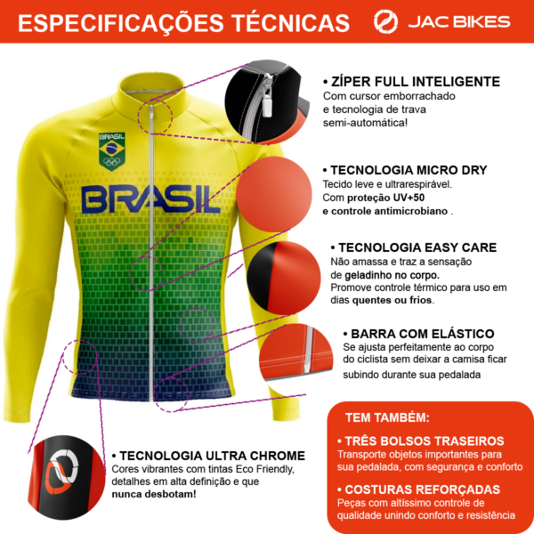 Camisa Ciclismo Brasil Manga Longa Zíper Full Fitness Dry Fit Decole - Imagem 3