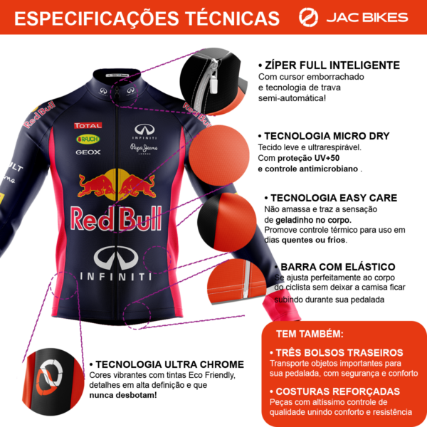 Camisa Ciclismo Red Bull Manga Longa Zíper Full Fitness Dry Fit Decole - Imagem 3