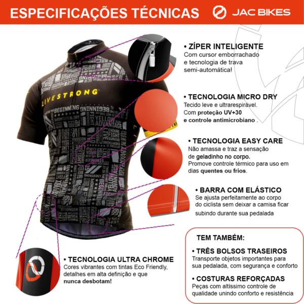 Camisa Ciclismo Livestrong Manga Curta Zíper Fitness Proteção UV Dry Fit - Imagem 3
