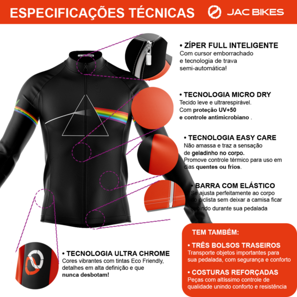 Camisa Ciclismo Pink Floyd Preta Manga Longa Zíper Full Fitness Dry Fit Decole - Imagem 4
