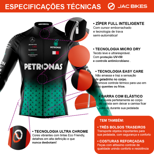 Camisa Ciclismo Petronas Manga Longa Zíper Full Fitness Dry Fit Mtb - Imagem 3