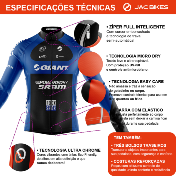 Camisa Ciclismo Giant Manga Longa Zíper Full Proteção UV Dry Fit - Imagem 3