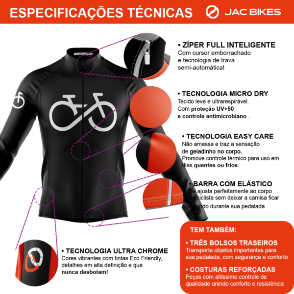 Camisa Ciclismo Bike Forever Preta Manga Longa Zíper Full Dry Fitness - Imagem 4